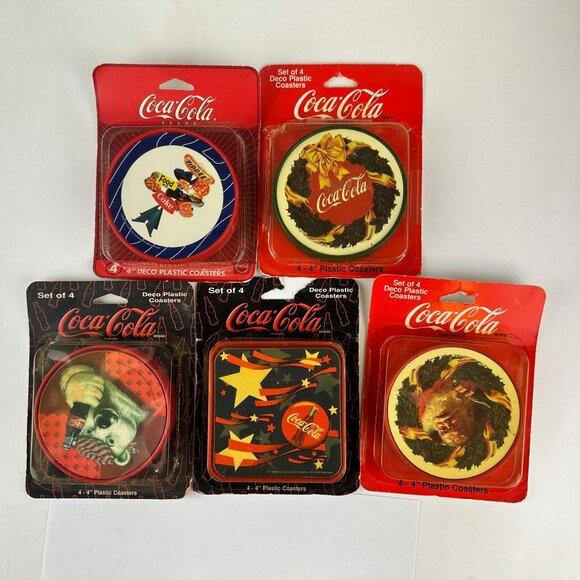 Lot Of 5 Vintage Coca-Cola 4" Deco Plastic Coasters Holiday themed - Picture 1 of 2